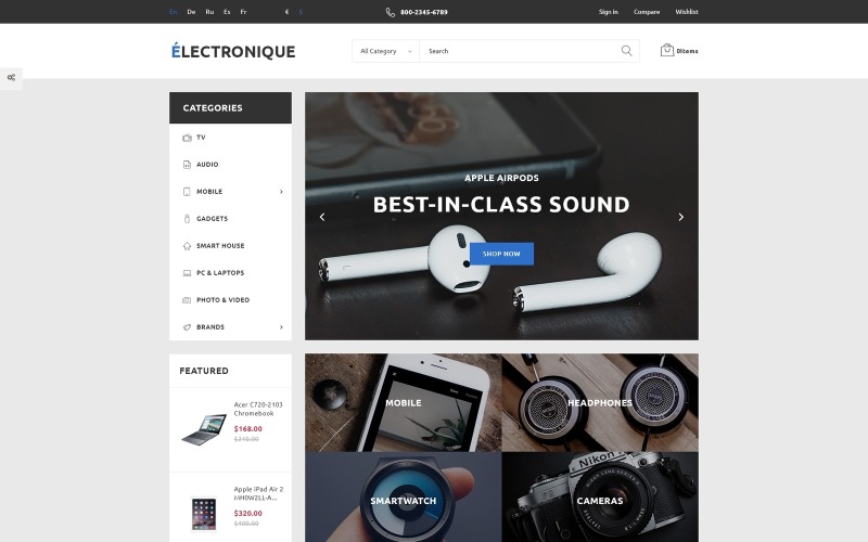 Адаптивный PrestaShop шаблон №75172 на тему магазин электроники