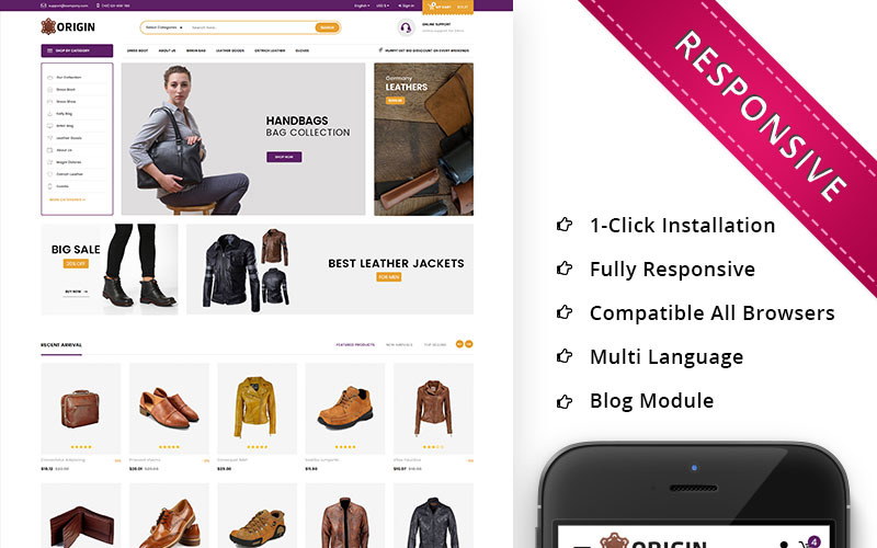 Адаптивный PrestaShop шаблон №74529 на тему магазин сумок