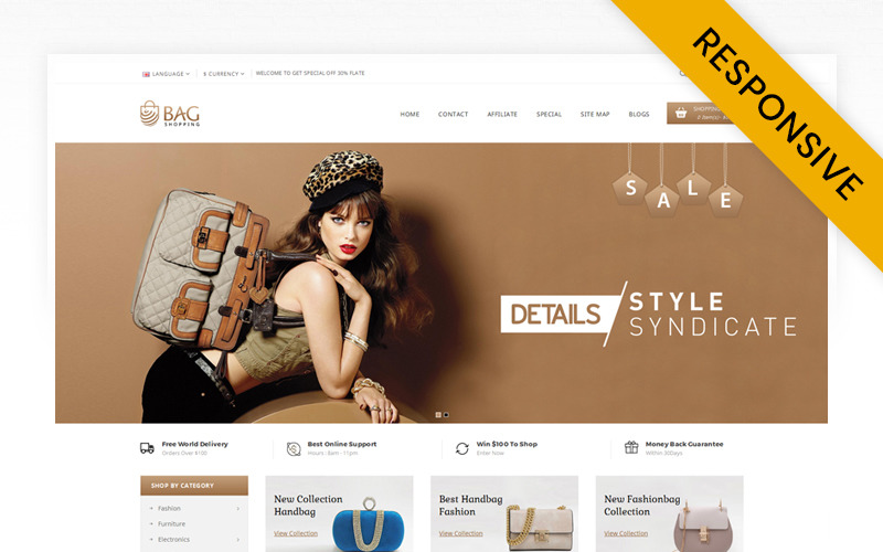 Адаптивный OpenCart шаблон №70932 на тему магазин сумок