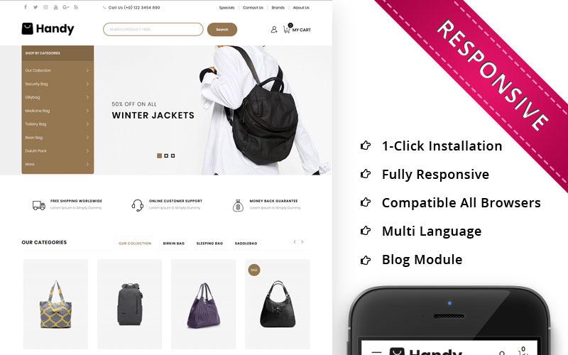 OpenCart шаблон №74324 на тему магазин сумок