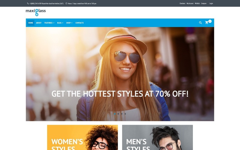 Адаптивный WooCommerce шаблон №66604 на тему солнцезащитные очки